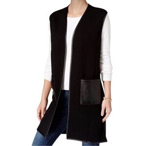 JM Collection Vest with Faux-Leather Trim Size 2X Long Oversized Waffle Knit